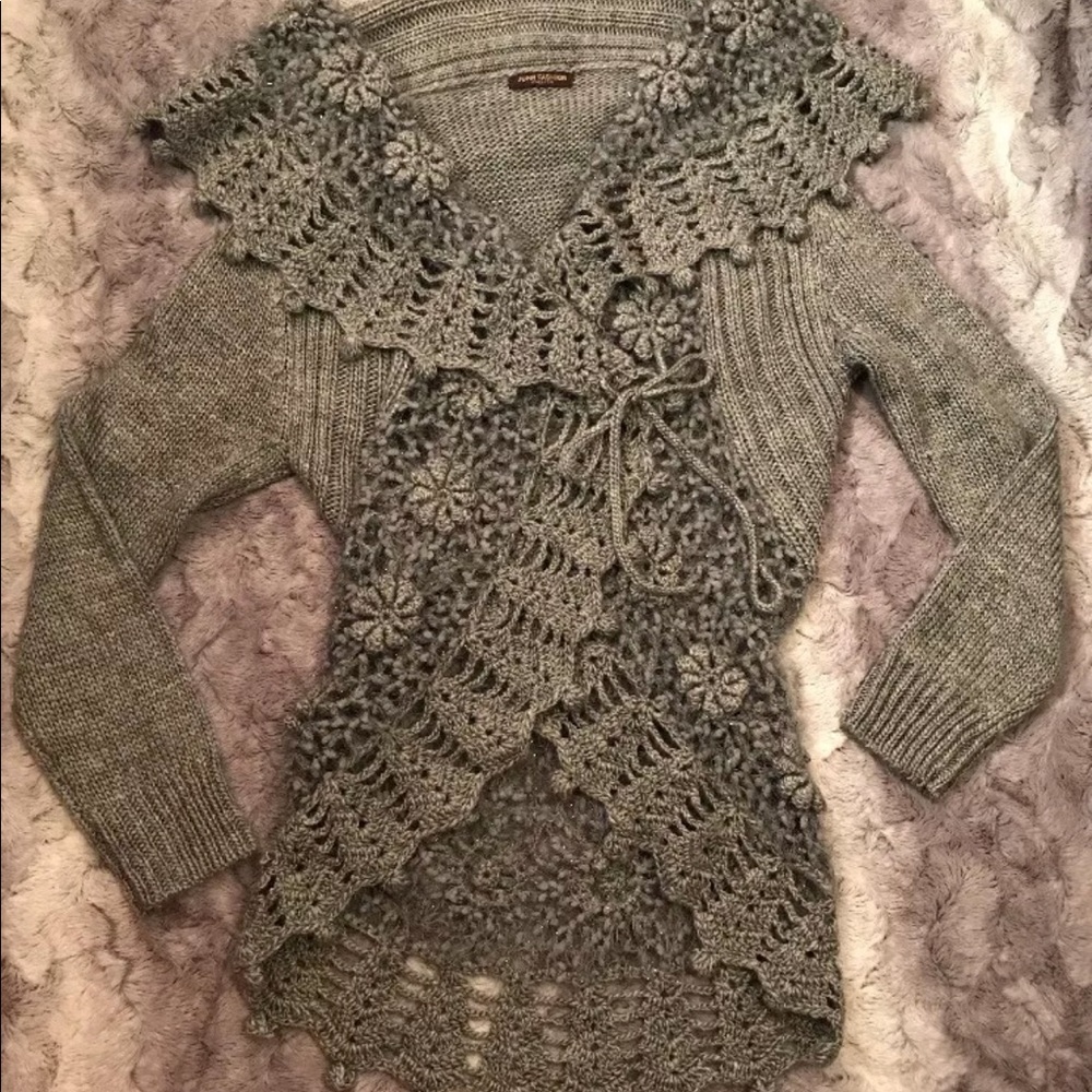 John Fashion Gray Floral Knit Open Front Sweater